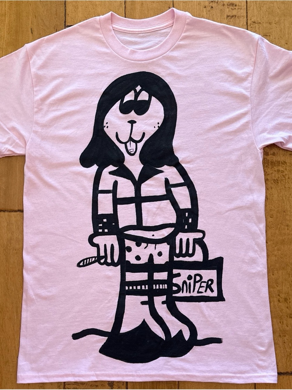Pink Short-Sleeve Tee with Black Cartoon Graphic